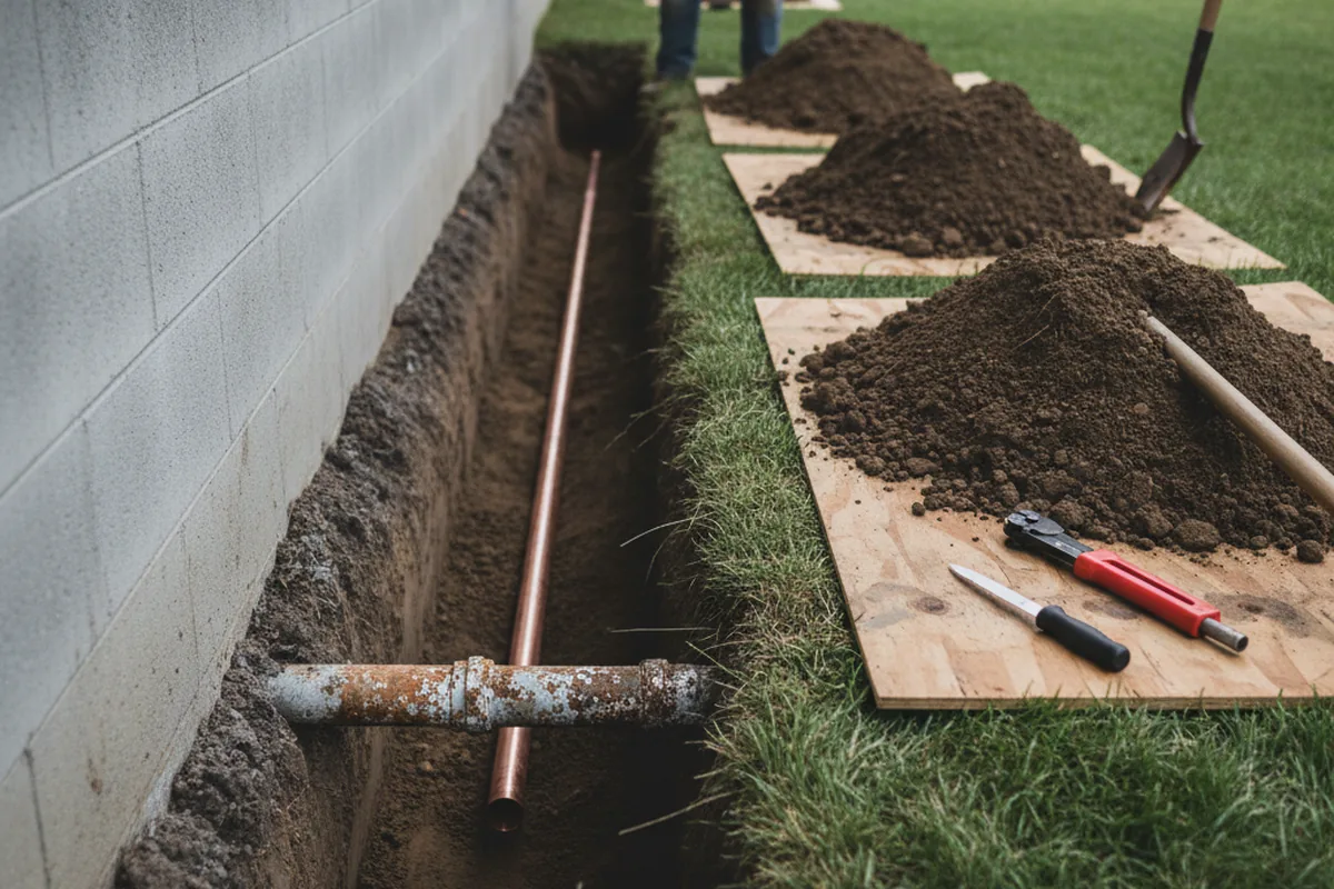 Excavated water line trench during Water Softener Installation in Blount